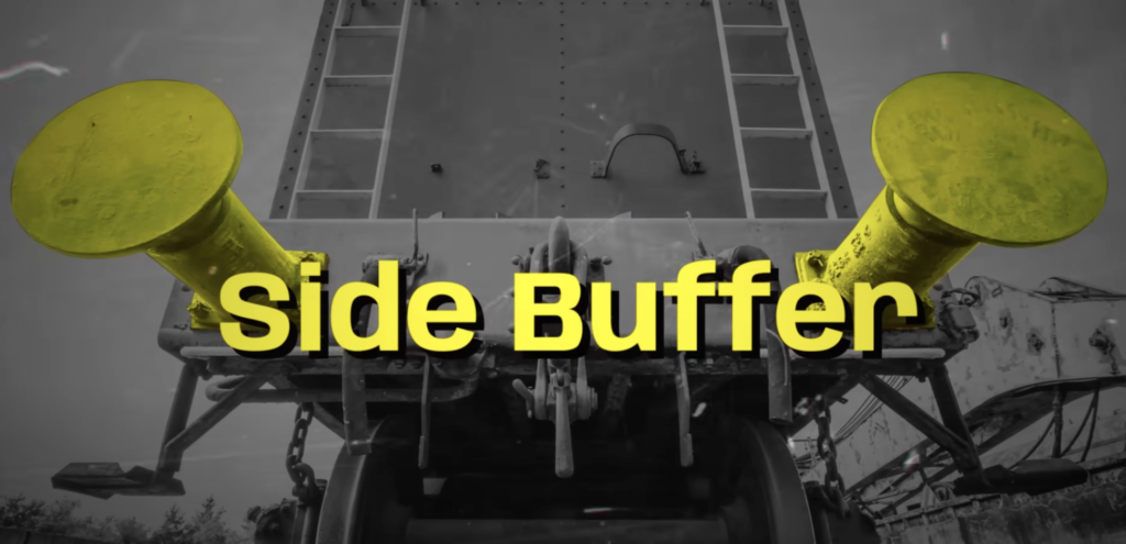 A close-up view of two train cars connected with large metal structures called buffers at the back. These buffers look like thick, flat magnets but serve as shock absorbers rather than holding the cars together. They help minimize jerks and vibrations, keeping the train steady and aligned during movement, particularly in sudden stops or turns. This setup is part of the Indian Railways system, designed to enhance stability and passenger comfort.






